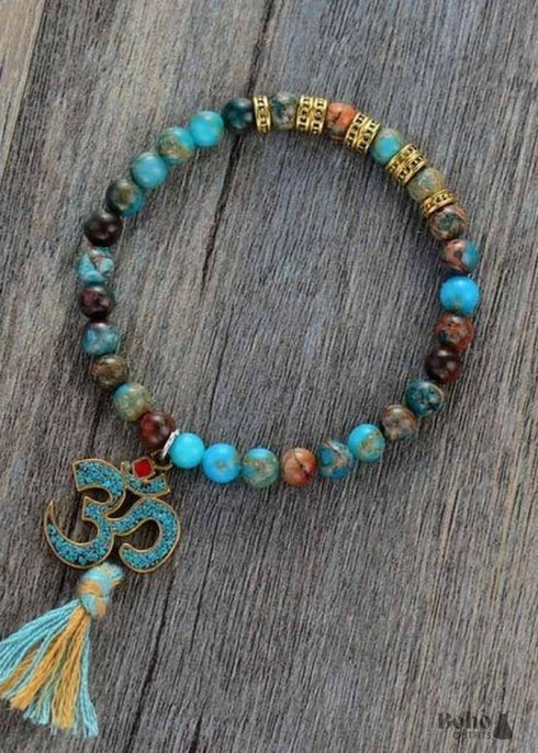 Boho Bracelet, Stretch Yoga Mala Bracelet, Natural Stone Tibetan OM 6 Colors